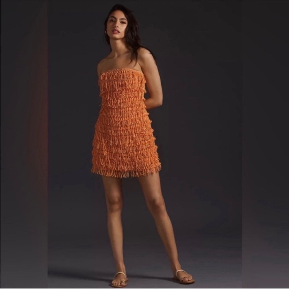 Anthropologie Letmebe Boho Orange Fringe Strapless Dress,NWT, Sz M